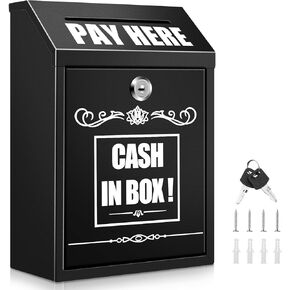 Wall Mounted Cash Box with Key Lock and Slot, Secure Money Collection Box with Prints, Metal Donation Box for Home, Office, Outdoor, Business, Farm Stand, Self-Serve Kiosk