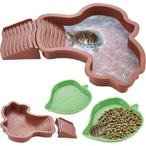 Reptile Bathing Pool Turtle Water Bowl with Ramp, Tortoise Water Pool Basking Platform, 2PCS Leaf Reptile Feeding Dish for Tortoise Lizard Gecko Frog Amphibians, Reddish