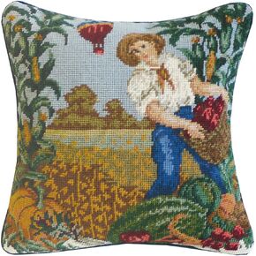 C&F Home 14" x 14" Farmer Boy Harvest Needlepoint Fall Wool Blend Accent Pillow Farming Cultural Autumn Thanksgiving Home Living Room Couch Sofa Decor Decoration 14" x 14" Blue