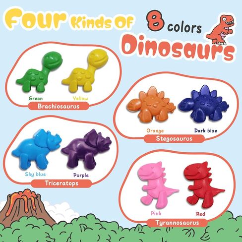 Dinosaur Crayons for Toddlers, 8-Piece Crayons Set with 8 Colors, Non-Toxic, Mess-Free, Break-Resistant, Includes Eraser & Drawing Paper, Fun Art Supplies for Toddlers & Kids Ages 3+ in Saudi Arabia
