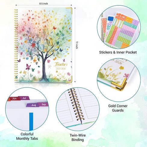 Teacher Planner 2026-2027 Academic Year, Jul.2026 - Jun.2027, 8.5" x 11" Lesson Planner Book for Teachers, Teacher Planners with Colorful Monthly Tabs, Hardcover- Tree in Kuwait