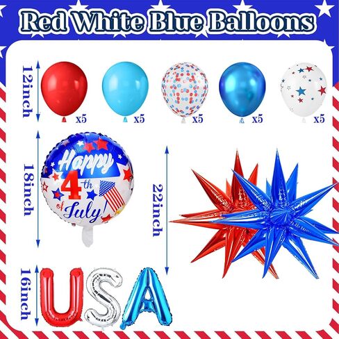 31 PCS Red White and Blue Balloons Set, 12 Inch Red Blue Star Print Latex Balloons, 'U.S.A' Letter Foil Balloon for Birthday Independence Day Patriotic Anniversary 4th of July Decorations Supplies in Saudi Arabia