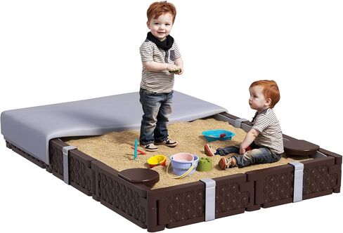 Qaba Kids Sandbox مع غطاء ، مستطيل 73 بوصة ، حفرة رملية كبيرة مع 4 مقاعد ، بطانة قاع مقاومة للماء ، صندوق رمل في الهواء الطلق مقاوم للطقس للبناء الخلفي ، الحديقة ، الحديقة ، الشاطئ ، الفناء ، بني in Saudi Arabia