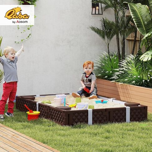 Qaba Kids Sandbox مع غطاء ، مستطيل 73 بوصة ، حفرة رملية كبيرة مع 4 مقاعد ، بطانة قاع مقاومة للماء ، صندوق رمل في الهواء الطلق مقاوم للطقس للبناء الخلفي ، الحديقة ، الحديقة ، الشاطئ ، الفناء ، بني in Saudi Arabia