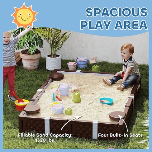 Qaba Kids Sandbox مع غطاء ، مستطيل 73 بوصة ، حفرة رملية كبيرة مع 4 مقاعد ، بطانة قاع مقاومة للماء ، صندوق رمل في الهواء الطلق مقاوم للطقس للبناء الخلفي ، الحديقة ، الحديقة ، الشاطئ ، الفناء ، بني in Saudi Arabia