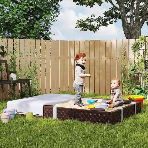 Qaba Kids Sandbox مع غطاء ، مستطيل 73 بوصة ، حفرة رملية كبيرة مع 4 مقاعد ، بطانة قاع مقاومة للماء ، صندوق رمل في الهواء الطلق مقاوم للطقس للبناء الخلفي ، الحديقة ، الحديقة ، الشاطئ ، الفناء ، بني in Saudi Arabia