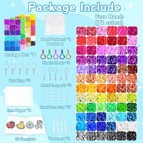 KIFHCMPR 5MM FUSE BEADS KIT -72 COLAL CRAFT مجموعة من أجل KID.FUSE حبات مع Pegboards ، وأوراق الكي والملحقات ، و FUSE BEADS 4 صناديق ، وحرف فنية DIY ديكور عيد ميلاد هدية عيد ميلاد للبنات in Saudi Arabia