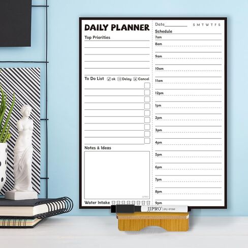 JJPRO Reusable Desktop Daily Hourly Planner with Stand,Reusable Desk Hourly Notepad,Hourly Dry Erase Board with Stand,11"x 8.5"Desk Hourly Planner with Detachable Engineered Wood Stand for Office, Home in Saudi Arabia