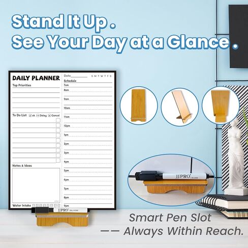 JJPRO Reusable Desktop Daily Hourly Planner with Stand,Reusable Desk Hourly Notepad,Hourly Dry Erase Board with Stand,11"x 8.5"Desk Hourly Planner with Detachable Engineered Wood Stand for Office, Home in Saudi Arabia