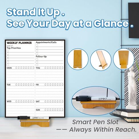 JJPRO Reusable Desktop Daily Hourly Planner with Stand,Reusable Desk Hourly Notepad,Hourly Dry Erase Board with Stand,11"x 8.5"Desk Hourly Planner with Detachable Engineered Wood Stand for Office, Home in Saudi Arabia