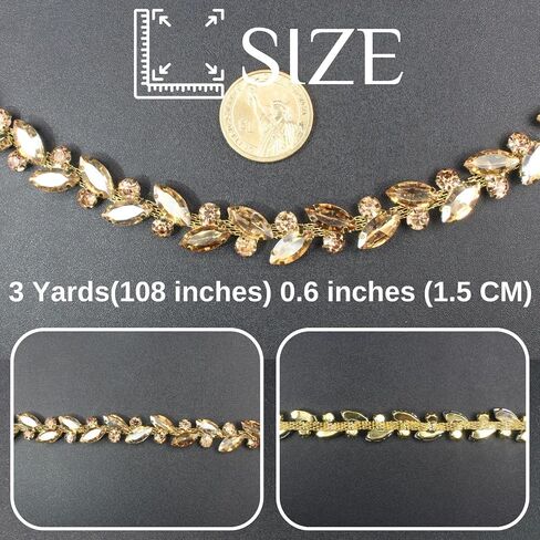 3 Yard Rhinestone Trim Chain Gold Yellow String Strips Crystal Applique Fringe Ribbon Beads Sewing for Dress DIY Party Wedding Bouquet Decoration Bridal Costume Embellishment in Saudi Arabia