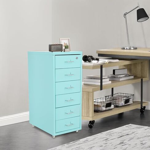 6 Drawer Mobile File Cabinet,Vertical File Cabinet with Lock, Metal Storage Cabinet for Home,Office, Horizontal Rolling Filing Cabinets for Letter/Legal/A4/F4 Hanging Files (Blue) in Saudi Arabia