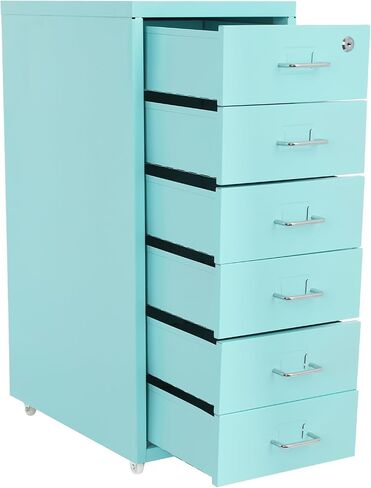 6 Drawer Mobile File Cabinet,Vertical File Cabinet with Lock, Metal Storage Cabinet for Home,Office, Horizontal Rolling Filing Cabinets for Letter/Legal/A4/F4 Hanging Files (Blue) in Saudi Arabia