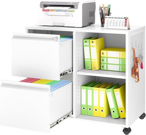 2-Drawer File Cabinet Mobile Filing Cabinet with Lock Lateral File Cabinet Printer Stand with Open Storage Shelves for Home Office (White, Left Drawer) in Saudi Arabia