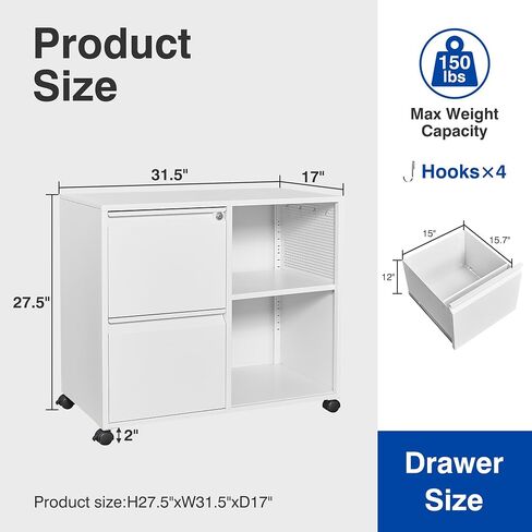 2-Drawer File Cabinet Mobile Filing Cabinet with Lock Lateral File Cabinet Printer Stand with Open Storage Shelves for Home Office (White, Left Drawer) in Saudi Arabia