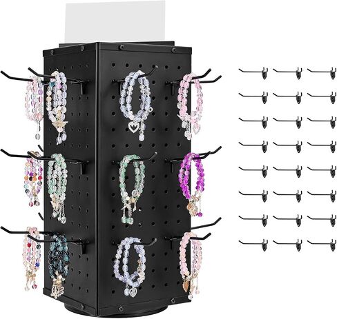 VEVOR Rotating Pegboard Display Stand, 7.4 x 7.4 x 17 in 4-Sided Spinning Peg Board Display with 24 Hooks, Thickened Cold-Rolled Steel Craft Rack Organizer for Grocery Retail Store Jewelry Shop, Black in Saudi Arabia