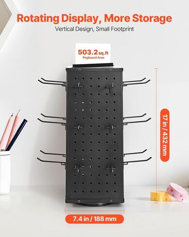 VEVOR Rotating Pegboard Display Stand, 7.4 x 7.4 x 17 in 4-Sided Spinning Peg Board Display with 24 Hooks, Thickened Cold-Rolled Steel Craft Rack Organizer for Grocery Retail Store Jewelry Shop, Black in Saudi Arabia