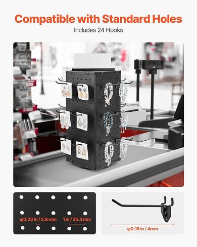 VEVOR Rotating Pegboard Display Stand, 7.4 x 7.4 x 17 in 4-Sided Spinning Peg Board Display with 24 Hooks, Thickened Cold-Rolled Steel Craft Rack Organizer for Grocery Retail Store Jewelry Shop, Black in Saudi Arabia