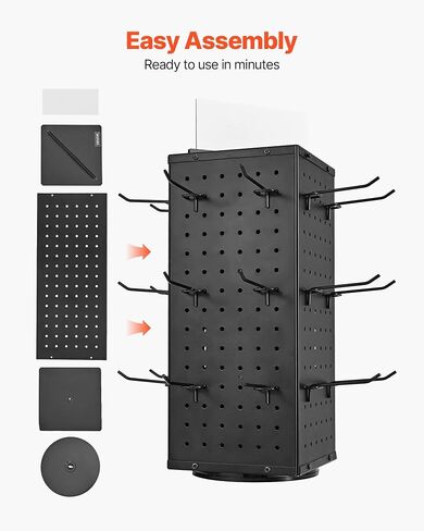 VEVOR Rotating Pegboard Display Stand, 7.4 x 7.4 x 17 in 4-Sided Spinning Peg Board Display with 24 Hooks, Thickened Cold-Rolled Steel Craft Rack Organizer for Grocery Retail Store Jewelry Shop, Black in Saudi Arabia