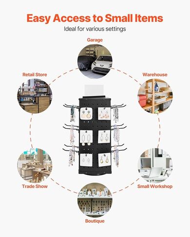 VEVOR Rotating Pegboard Display Stand, 7.4 x 7.4 x 17 in 4-Sided Spinning Peg Board Display with 24 Hooks, Thickened Cold-Rolled Steel Craft Rack Organizer for Grocery Retail Store Jewelry Shop, Black in Saudi Arabia