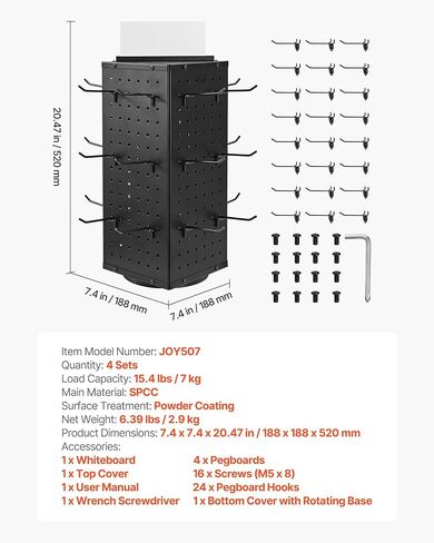VEVOR Rotating Pegboard Display Stand, 7.4 x 7.4 x 17 in 4-Sided Spinning Peg Board Display with 24 Hooks, Thickened Cold-Rolled Steel Craft Rack Organizer for Grocery Retail Store Jewelry Shop, Black in Saudi Arabia