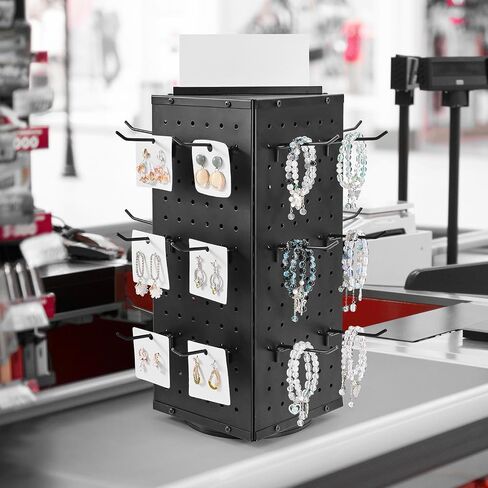 VEVOR Rotating Pegboard Display Stand, 7.4 x 7.4 x 17 in 4-Sided Spinning Peg Board Display with 24 Hooks, Thickened Cold-Rolled Steel Craft Rack Organizer for Grocery Retail Store Jewelry Shop, Black in Saudi Arabia