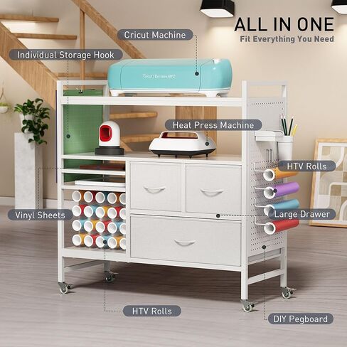 منظمو Punluxu وتخزين متوافقين مع آلات Cricut - حامل لفة الفينيل ، Pegboard DIY مع منظم الملحقات ، طاولة حرفية متداول مع محطة عمل خزانة التخزين PU -01 محمية براءة اختراع in Kuwait