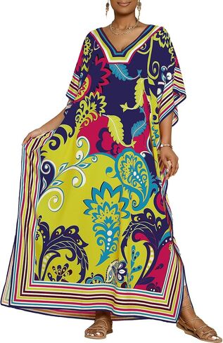 Bsubseach Caftans for Women Plus Size Kaftan Dress Long Swimsuit Coverup Short Sleeve Casual Maxi Dress Black White in Saudi Arabia