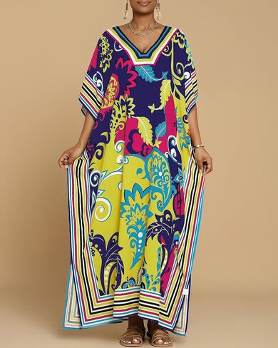 Bsubseach Caftans for Women Plus Size Kaftan Dress Long Swimsuit Coverup Short Sleeve Casual Maxi Dress Black White in Saudi Arabia