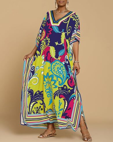Bsubseach Caftans for Women Plus Size Kaftan Dress Long Swimsuit Coverup Short Sleeve Casual Maxi Dress Black White in Saudi Arabia