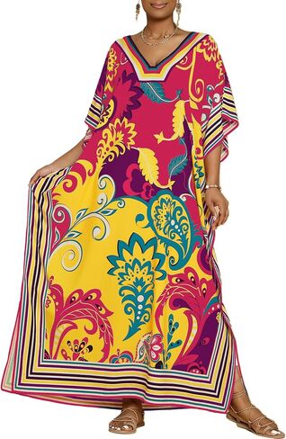 Bsubseach Caftans for Women Plus Size Kaftan Dress Long Swimsuit Coverup Short Sleeve Casual Maxi Dress Black White in Saudi Arabia