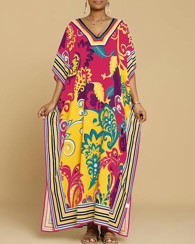 Bsubseach Caftans for Women Plus Size Kaftan Dress Long Swimsuit Coverup Short Sleeve Casual Maxi Dress Black White in Saudi Arabia