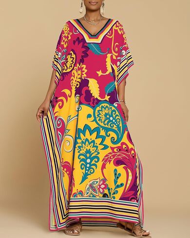 Bsubseach Caftans for Women Plus Size Kaftan Dress Long Swimsuit Coverup Short Sleeve Casual Maxi Dress Black White in Saudi Arabia