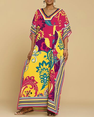 Bsubseach Caftans for Women Plus Size Kaftan Dress Long Swimsuit Coverup Short Sleeve Casual Maxi Dress Black White in Saudi Arabia