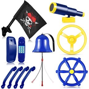 Swing Set Accessories Outdoor Playground Accessories Backyard Playground Equipment with Telephone, Ship Wheel, Telescope, Bell, Safety Handle Bars, Pirate Flag for Playhouse (Blue, Yellow)