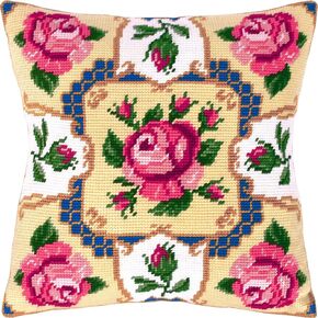 Brvsk Floral Needlepoint Kit for Adults and Beginners — Roses 16″ × 16″ with Clear, Precise Printed Design on Cotton Canvas; Includes 2 Needles, Yarn, and Easy-Read Chart
