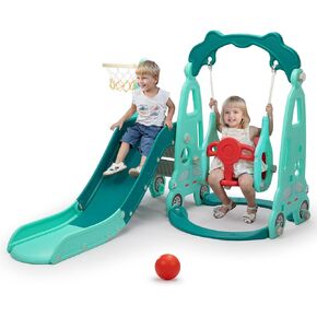 4 in 1 Slide Climber Swing Set, Freestanding Toddler Slide Climber Playset with Basketball Hoop, Toddler Playground Indoor Outdoor, Easy Setup (Red)