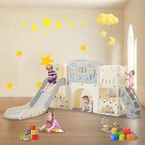 11in 1 Toddler Slide, Kid Slide for Toddlers Age 1-3 with Telescope, Basketball Hoop, and Telescope, Indoor Outdoor Playset Playground Pink Grey