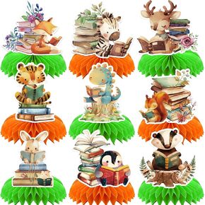 Storybook Baby Shower Decorations - 9 Pcs A New Chapter Will Soon Begin Book Theme Honeycomb Centerpieces, Jungle Woodland Animals Gender Reveal Party Supplies Table Toppers for Boys