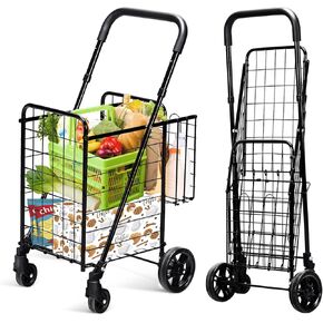 IRONMAX Grocery Shopping Cart, Foldable Heavy Duty Utility Cart w/Adjustable Handle, Extra Basket & 360° Rolling Swivel Wheels, Lightweight Trolley Cart for Grocery Laundry Luggage (Sliver)