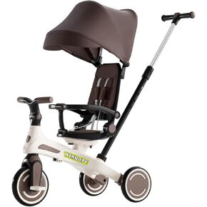 Winhope Kids Tricycle, 5 in 1 Baby's Tricycle Toddler Trike with Adjustable Push Handle, Reversible Seat and Canopy, Baby Stroller for 1-6 Year Olds, Suitable for Outdoor Activities(Coffee)