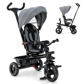 HONEY JOY Tricycle, 5-in-1 Baby Trike Stroller w/Adjustable Push Handle & Canopy, Reversible Seat, EVA Wheels Cup Holder & Storage Basket, Push Tricycle for Toddlers Age 1.5-5 Year Old (Gray)