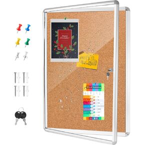36x24 Inch Outdoor Enclosed Bulletin Board,Enclosed Cork Notice Board with Aluminum Frame, Shatter-Resistant Tamper-Proof Display Board Case Cork Board for School, Office, Park,Sliver(9×A4)