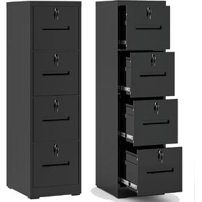4 Drawer File Cabinet,Vertical Filing Cabinet with 4 Lockable Drawers,Black Metal File Cabinet for Home Office,Heavy Duty Steel File Cabinets for A4/Letter/Legal Size File,Assembly Required