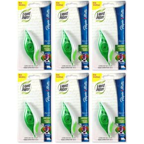 Paper Mate 660415 Liquid Paper DryLine Grip Correction Tape Dispenser, Pack of 6, Transparent Green Body, 1/5 inches Wide x 27.8 feet Long White Tape - Applies Dry, Rewrite Instantly - Swivel Tip