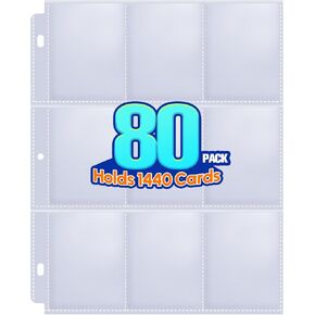 80 Pack 9 Pocket Trading Card Sleeve Pages,Page Protectors Card Sleeves Binder Sheets for 3 Ring Binder,Card Binder Sleeves for Baseball, Football, Game Sport Business Cards