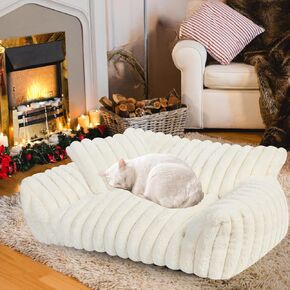 Cute Cat Couch Bed for Indoor Cats, Fluffy Pet Cat Sofa with Premium Soft Corduroy Fleece, Cute Small Dog Beds for Small Dogs, Fuzzy Puppy Chair with Removable Washable Cover (24x18x10,Pink)