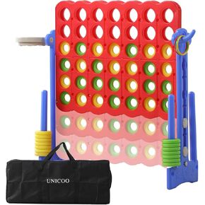 UNICOO® Height Adjustable Jumbo 4-to-Score Game, 4 in A Row Game with Basketball Hoop, Ring Toss, Carrying Bag, Indoor Outdoor Yard Game, Parties & Family Gatherings