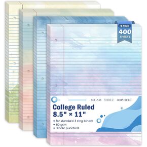 400 Sheets Letter Size Colored Loose Leaf Paper College Ruled For 3-Ring Binder 8.5" × 11" Colored Lined Filler Notebook Paper College Ruled Notepad 3-Hole Punched Watercolor 80gsm For School Office