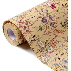 Tyzarglef Wild Flower Wrapping Paper Roll, 17 Inches x 32.8 Feet Kraft Floral Design Wrapping Paper for Women Girls Gifts, Birthdays, Weddings, Bridal Shower and Engagement